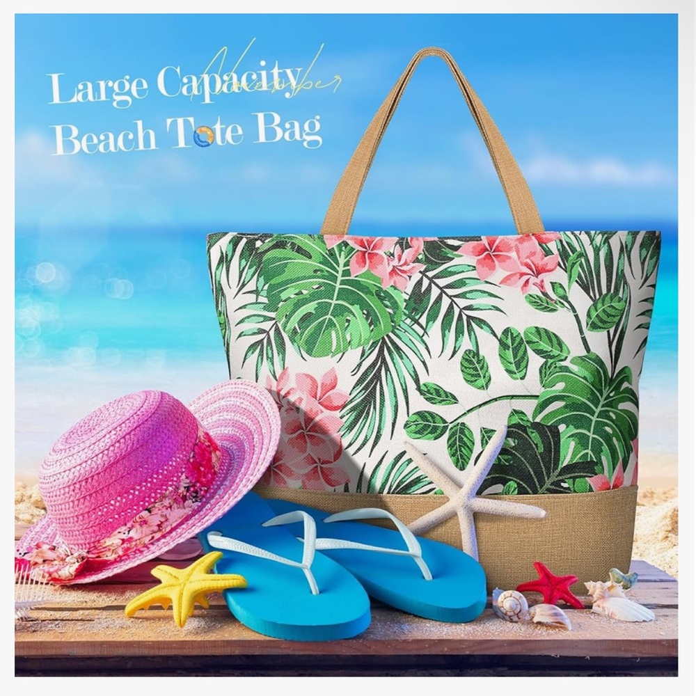 Beach Bag for Women, Large Beach Tote with Zipper, Woven Straw Tote Waterproof, - Picture 8 of 8